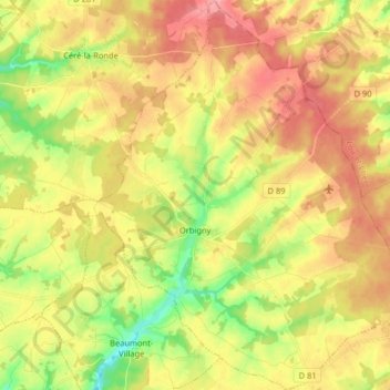 Mappa topografica Orbigny, altitudine, rilievo