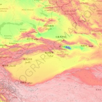 Mappa topografica Xinjiang, altitudine, rilievo