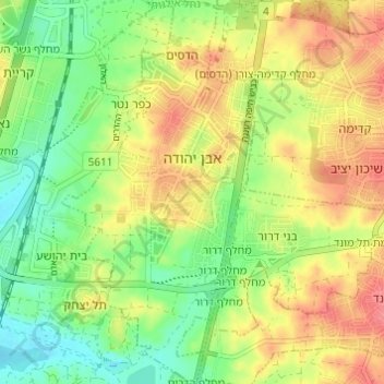 Mappa topografica Even Yehuda, altitudine, rilievo