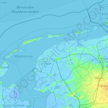 Mappa topografica Nederlandse Waddeneilanden, altitudine, rilievo