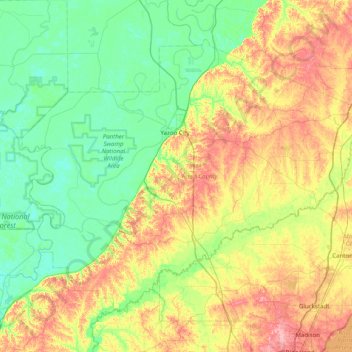 Mappa topografica Yazoo County, altitudine, rilievo