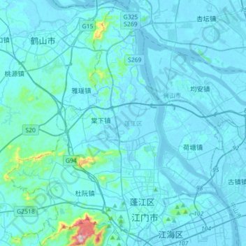 Mappa topografica 蓬江区, altitudine, rilievo