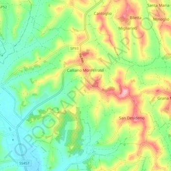 Mappa topografica Calliano Monferrato, altitudine, rilievo