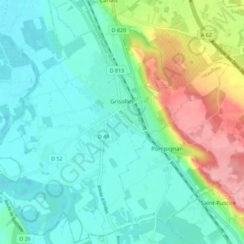 Mappa topografica Grisolles, altitudine, rilievo