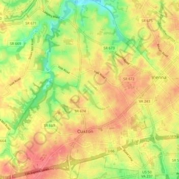 Mappa topografica Oakton, altitudine, rilievo
