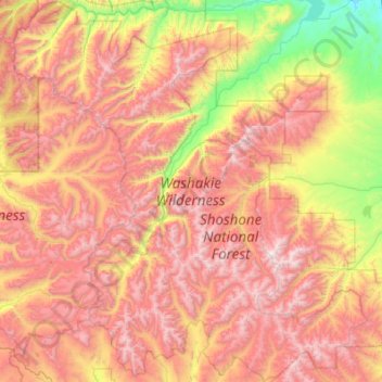 Mappa topografica Washakie Wilderness Area, altitudine, rilievo