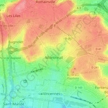 Mappa topografica Montreuil, altitudine, rilievo