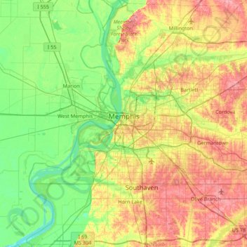 Mappa topografica Memphis, altitudine, rilievo