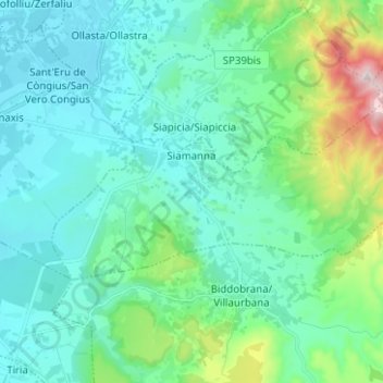 Mappa topografica Siamanna, altitudine, rilievo