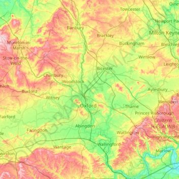 Mappa topografica Oxfordshire, altitudine, rilievo