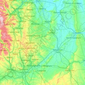 Mappa topografica Nottinghamshire, altitudine, rilievo