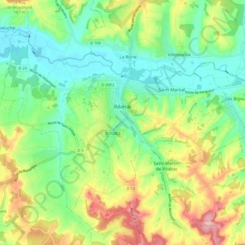 Mappa topografica Ribérac, altitudine, rilievo
