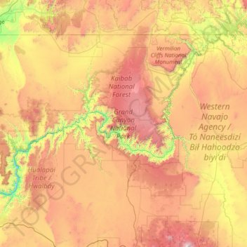 Mappa topografica Grand Canyon National Park, altitudine, rilievo