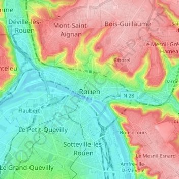Mappa topografica Rouen, altitudine, rilievo