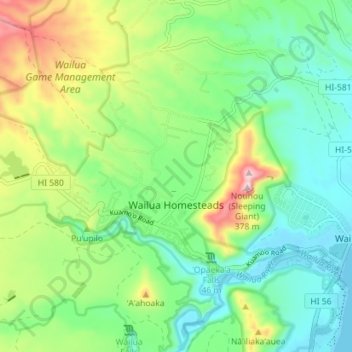 Mappa topografica Wailua Homesteads, altitudine, rilievo