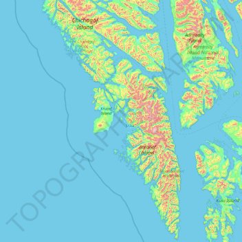 Mappa topografica Sitka, altitudine, rilievo