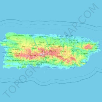 Mappa topografica Puerto Rico, altitudine, rilievo