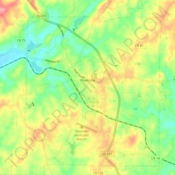 Mappa topografica Roanoke, altitudine, rilievo