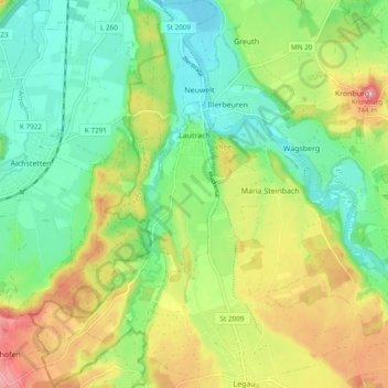 Mappa topografica Lautrach, altitudine, rilievo