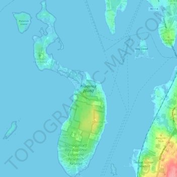 Mappa topografica Prudence Island, altitudine, rilievo