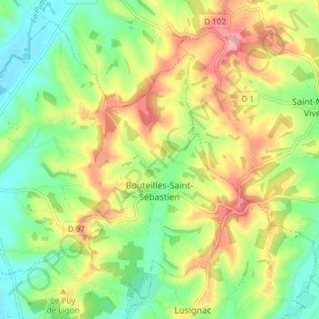 Mappa topografica Bouteilles-Saint-Sébastien, altitudine, rilievo