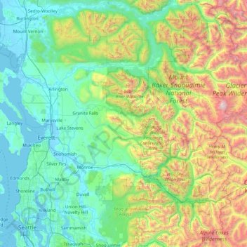Mappa topografica Snohomish County, altitudine, rilievo