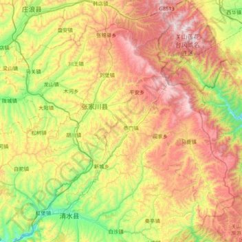 Mappa topografica 张家川回族自治县, altitudine, rilievo