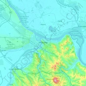 Mappa topografica Belgrade, altitudine, rilievo