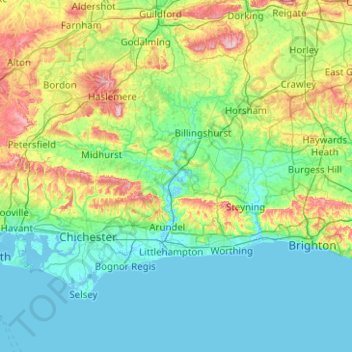 Mappa topografica West Sussex, altitudine, rilievo