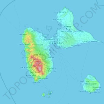 Mappa topografica Guadeloupe, altitudine, rilievo