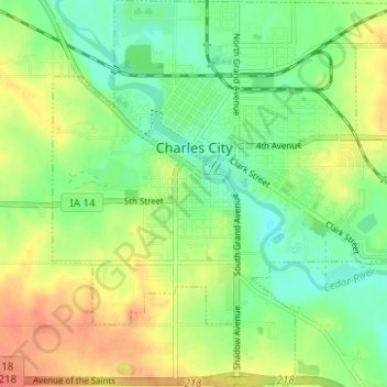 Mappa topografica Charles City, altitudine, rilievo