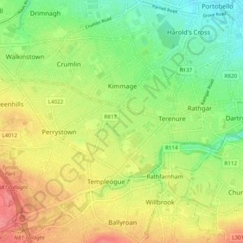Mappa topografica Dublin 6W, altitudine, rilievo