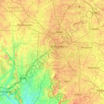 Mappa topografica Bangalore Urban, altitudine, rilievo