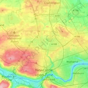 Mappa topografica Newcastle upon Tyne, altitudine, rilievo