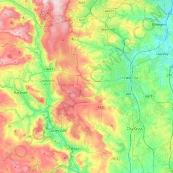 Mappa topografica North East Derbyshire, altitudine, rilievo