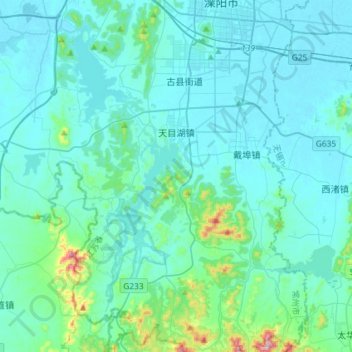 Mappa topografica 天目湖镇, altitudine, rilievo