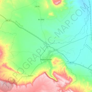 Mappa topografica Hammamet, altitudine, rilievo