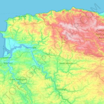 Mappa topografica North Devon, altitudine, rilievo