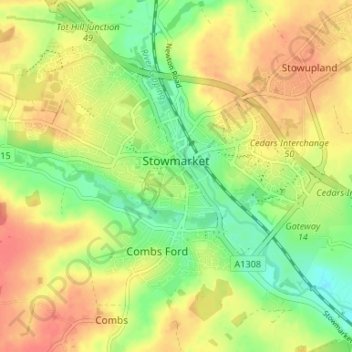 Mappa topografica Stowmarket, altitudine, rilievo