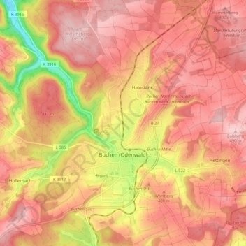 Mappa topografica Buchen-Stadt, altitudine, rilievo