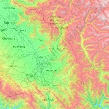 Mappa topografica Anantnag district, altitudine, rilievo