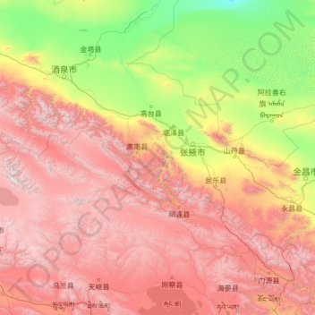 Mappa topografica 张掖市, altitudine, rilievo