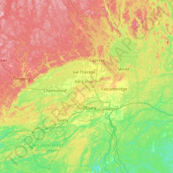 Mappa topografica Greater Sudbury, altitudine, rilievo