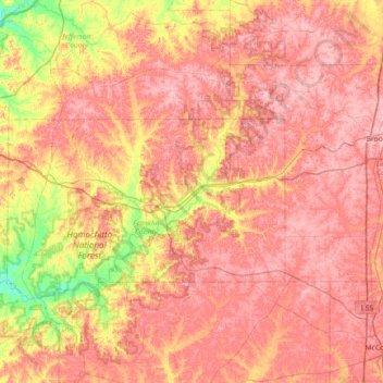 Mappa topografica Homochitto National Forest, altitudine, rilievo