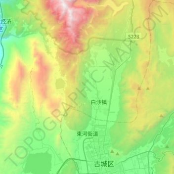 Mappa topografica 束河街道, altitudine, rilievo