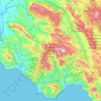 Mappa topografica Parco Nazionale Cilento, Vallo di Diano e Alburni, altitudine, rilievo