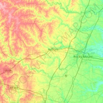 Mappa topografica Nash County, altitudine, rilievo