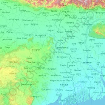 Mappa topografica Bengala Occidentale, altitudine, rilievo
