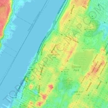 Mappa topografica Upper West Side, altitudine, rilievo