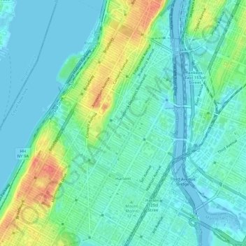 Mappa topografica Manhattan, altitudine, rilievo